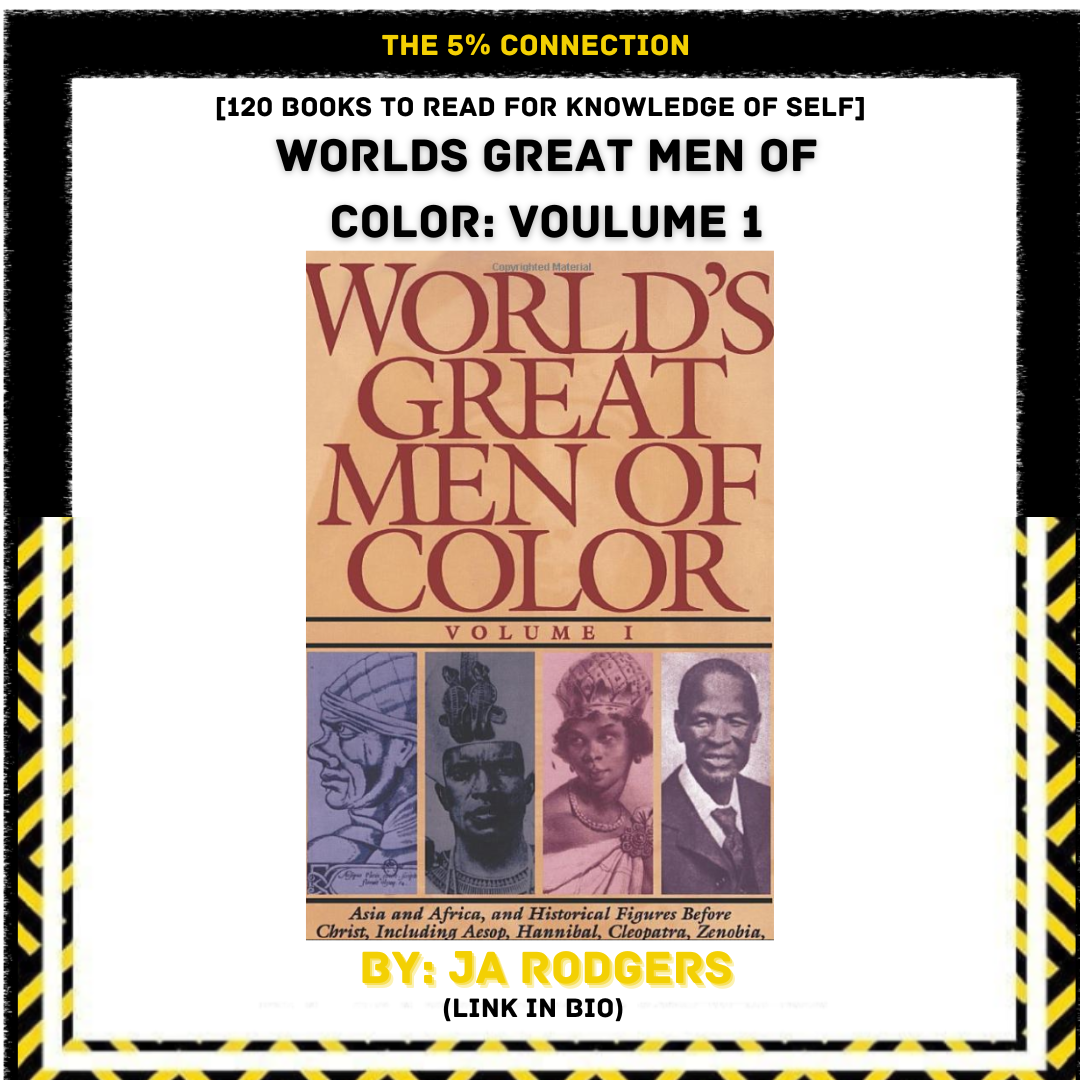 Book cover titled 'World's Great Men of Color Volume 1' by JA Rodgers, featuring historical figures from Africa and Asia, with black and yellow striped borders.