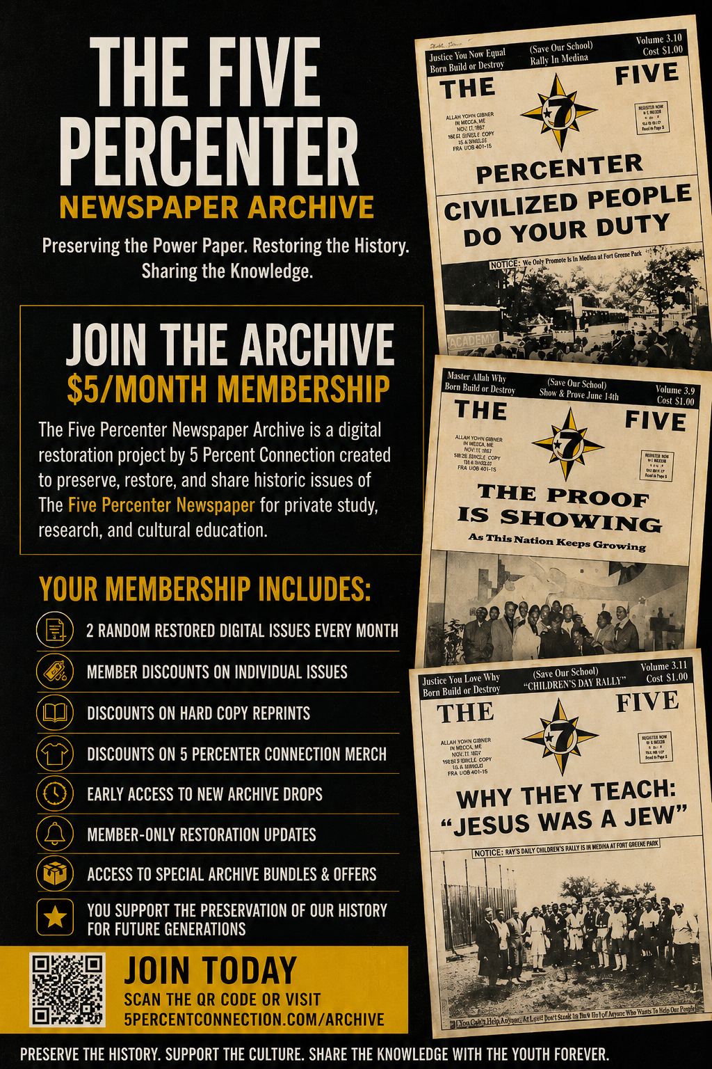 Flyer for the Five Percent Newspaper Archive promoting membership for digital issues, discounts, early access, and supporting preservation of history, with examples of historical newspaper front pages.