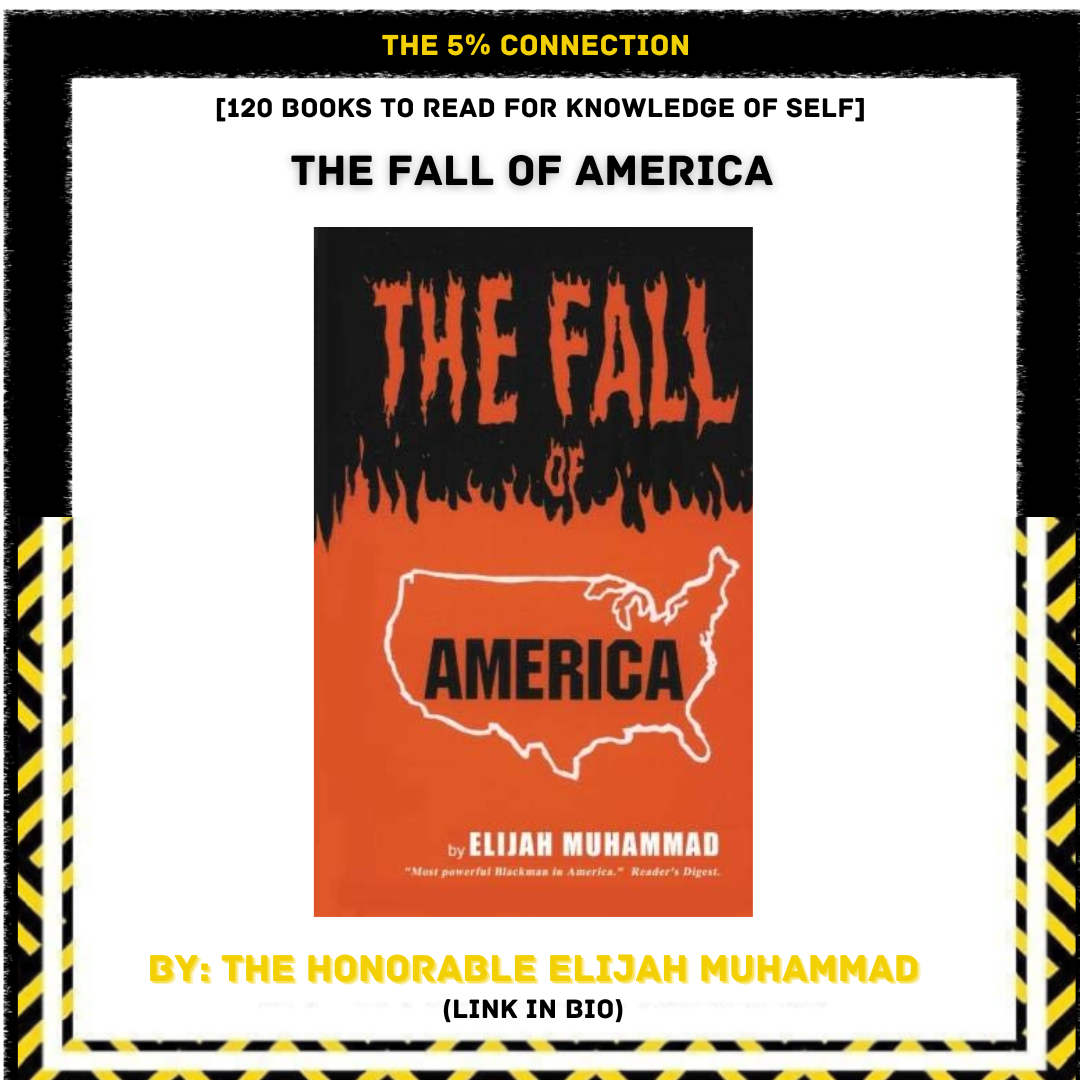 Book cover titled "The Fall of America" by Elijah Muhammad, featuring an illustration of the United States map with the word "America" inside. The cover has a fiery orange and black color scheme.
