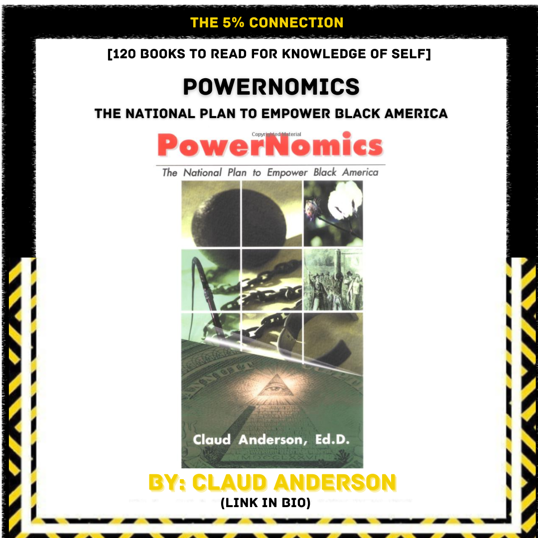 Book cover titled 'Powernomics' by Claud Anderson, Ed.D., promoting a book on empowering Black America, with images of a chain, dollar bill, cotton flower, and silhouettes of people.
