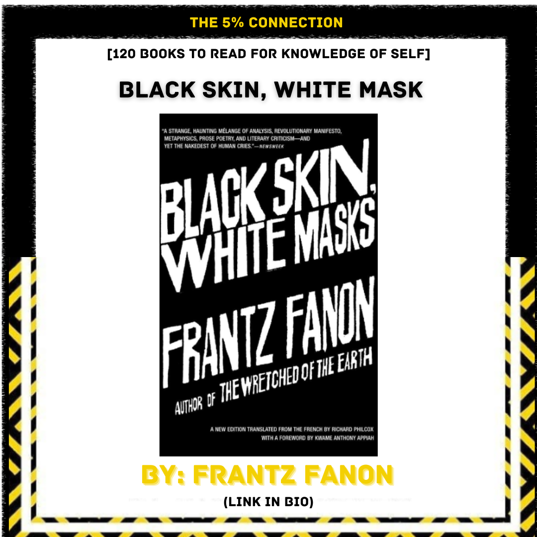 Cover of the book "Black Skin, White Masks" by Frantz Fanon, featuring a black background with the title in bold white text