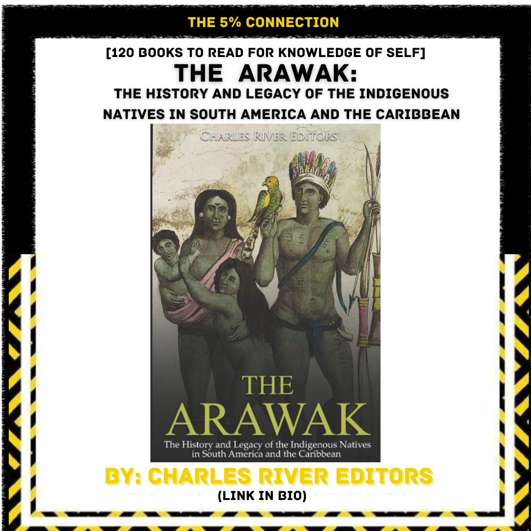 Book cover titled "The Arawak" with illustrations of indigenous South American natives and a Caribbean indigenous man holding a spear and a colorful feathered headdress, surrounded by decorative yellow and black checkered borders.