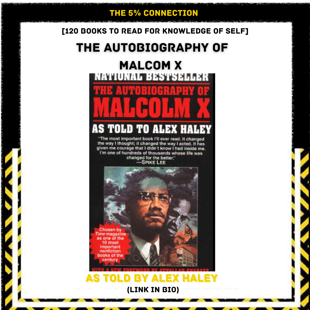 Book cover for 'The Autobiography of Malcolm X as told to Alex Haley,' featuring a portrait of Malcolm X with a background of clouds, surrounded by a black border with yellow and black striped edges, and text in bold fonts about the book.