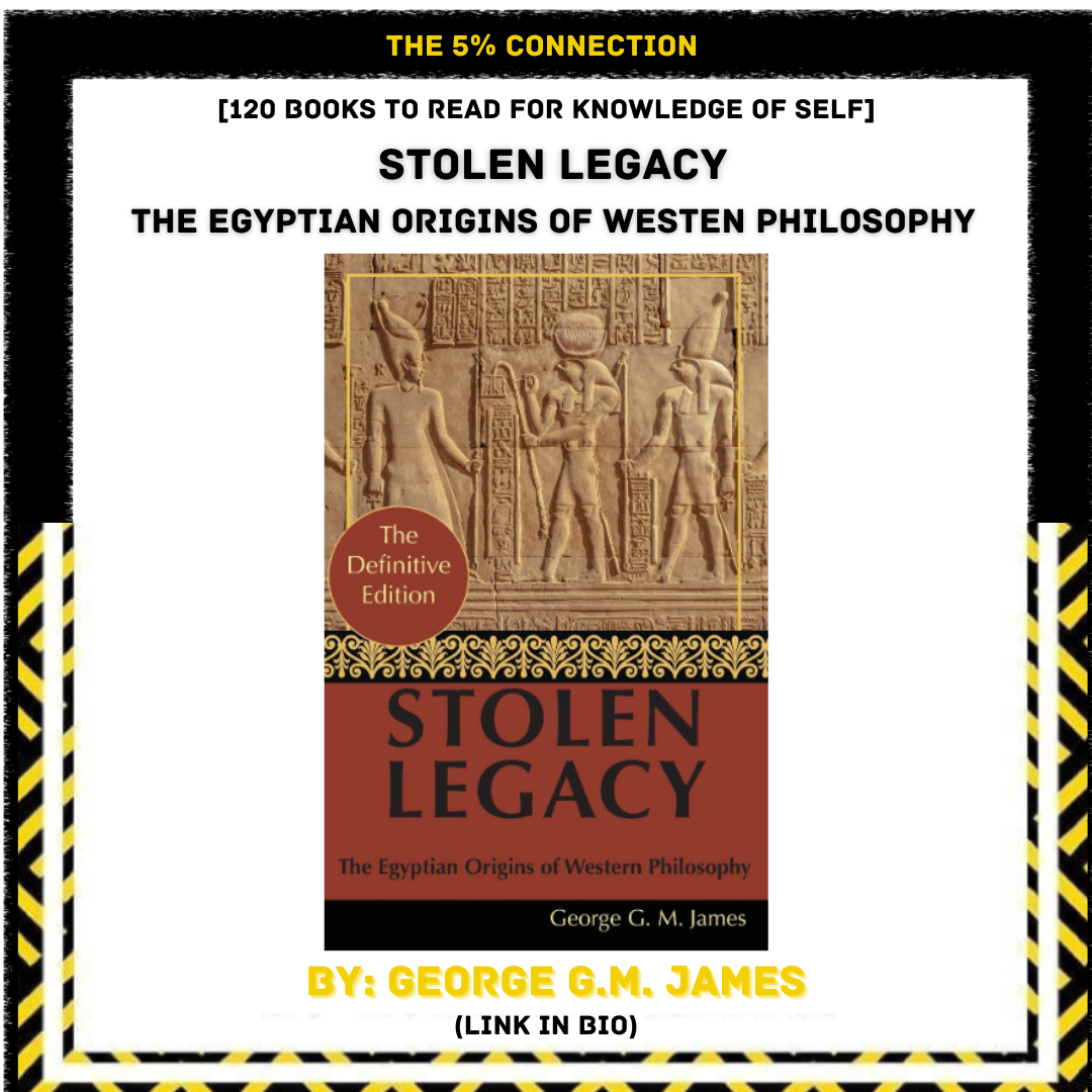 Cover of the book titled "Stolen Legacy" by George G.M. James, featuring an Egyptian relief sculpture and gold and black decorative elements.