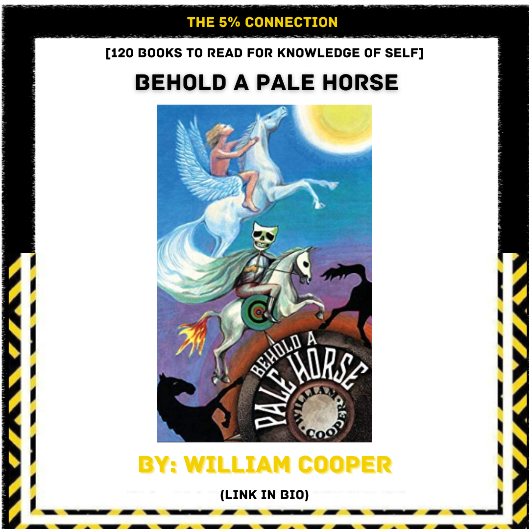 Book cover titled 'Behold a Pale Horse' by William Cooper, featuring a cartoonish scene with a pale horse ridden by a skeleton wearing sunglasses, a winged child riding a white horse, and a black horse silhouette against a moonlit sky, with yellow an