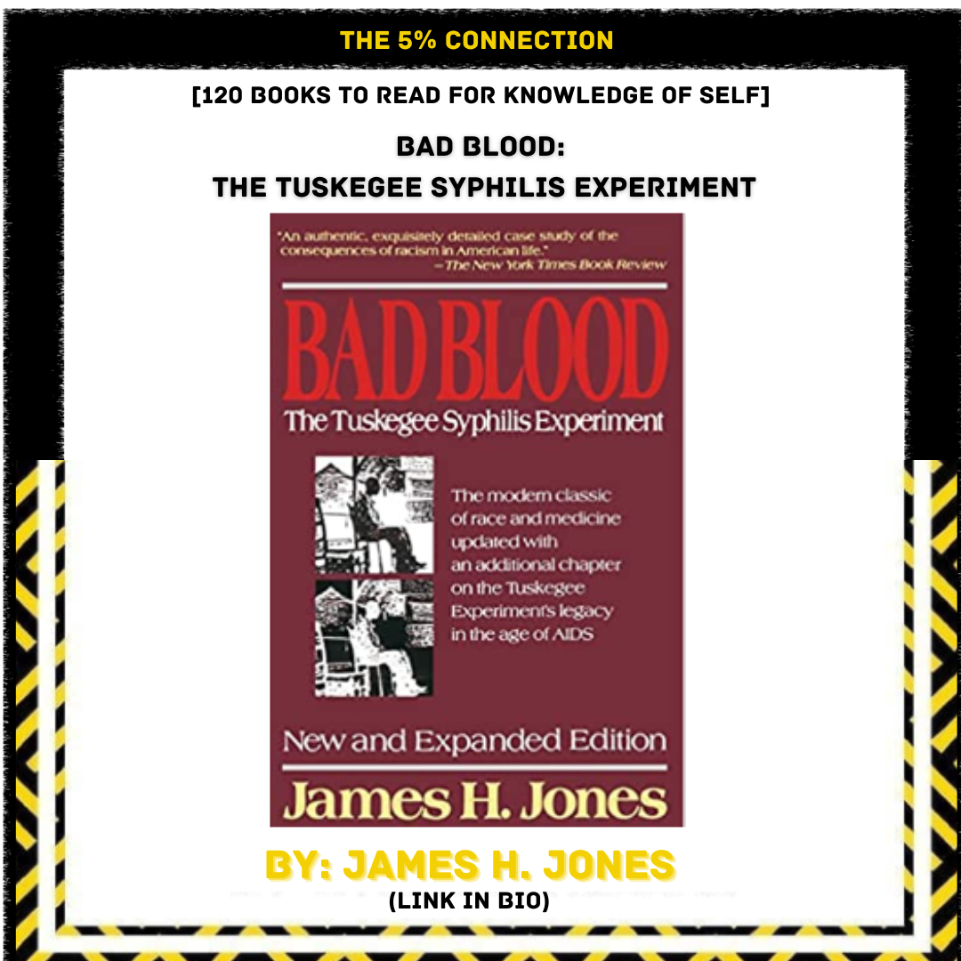 Book cover of 'Bad Blood: The Tuskegee Syphilis Experiment' by James H. Jones, with a black and white photo of a person sitting on a chair and a man lying on a bed. The cover is maroon with yellow and white text.
