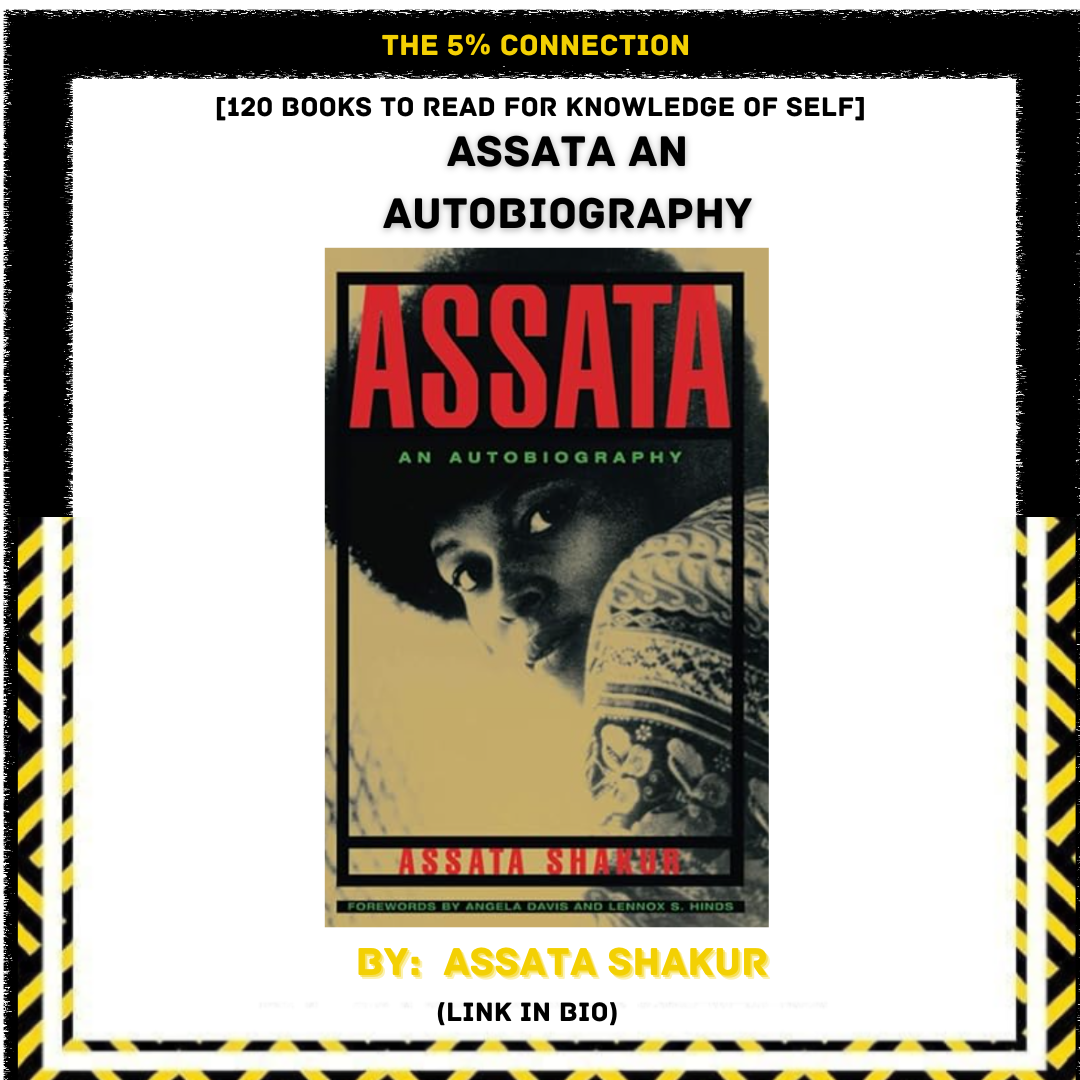 Book cover of "Assata: An Autobiography" by Assata Shakur, featuring a black and white portrait of a woman with an afro hairstyle and patterned clothing, with the title in bold red and green text.