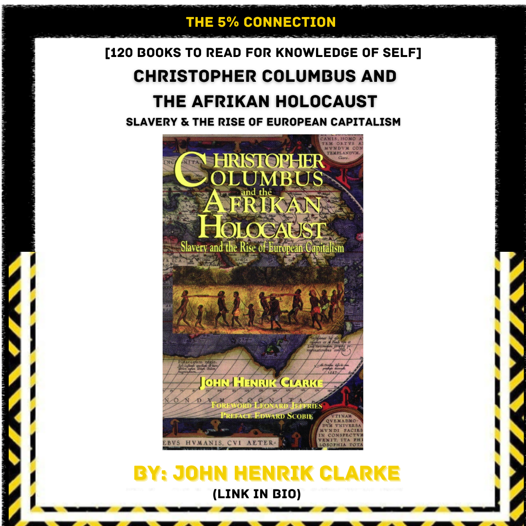 Book cover titled 'Christopher Columbus and the Afrikan Holocaust: Slavery & the Rise of European Capitalism' by John Henrik Clarke. The cover features a map of Africa and an illustration of African people walking in chains.