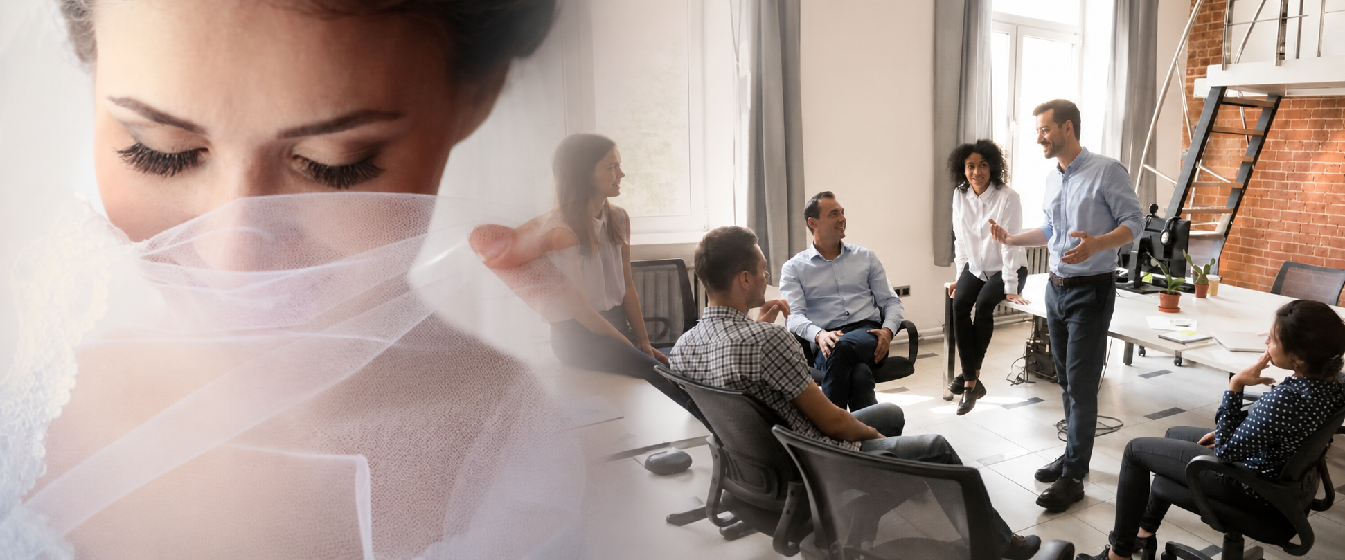 A woman wearing a face mask in the foreground, with a group of people in business casual attire having a meeting or discussion in a bright, modern office with exposed brick walls and large windows.