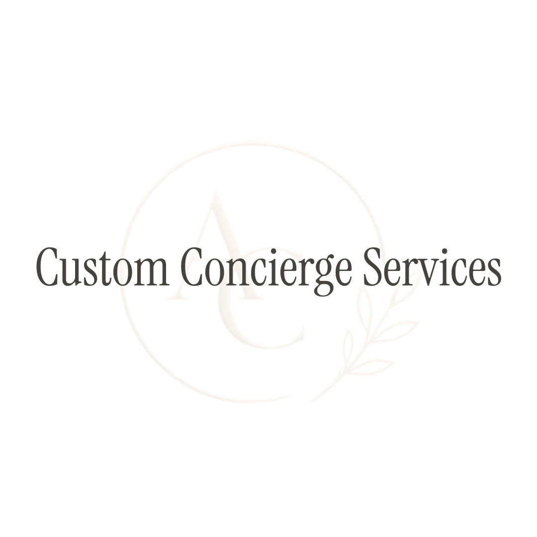 A logo with the text 'Custom Concierge Services' over a light background, featuring a subtle monogram and leaf design.