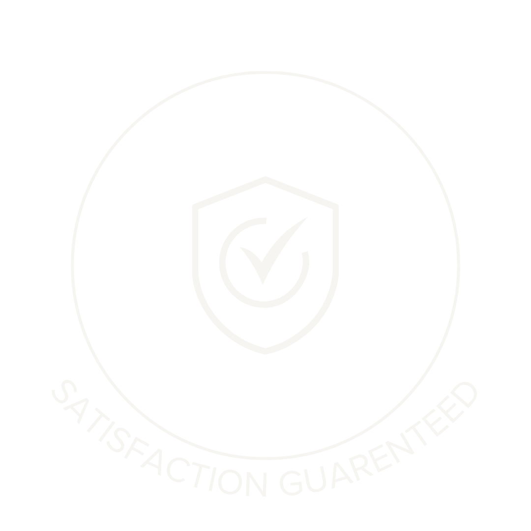 A badge symbol with a shield and checkmark in the center, surrounded by the text "Satisfaction Guaranteed" on a black background.