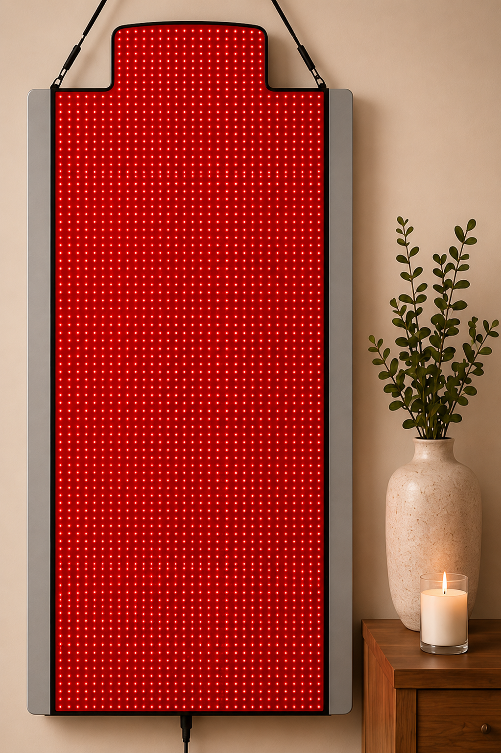 Red LED electronic signboard mounted on a wall next to a potted green plant in a ceramic vase and a lit white candle on a wooden table.