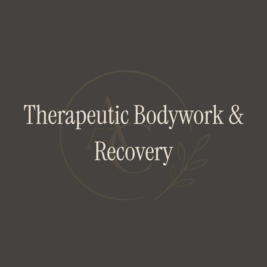 Text on a dark background that says 'Therapeutic Bodywork & Recovery' with a subtle decorative design in the background.