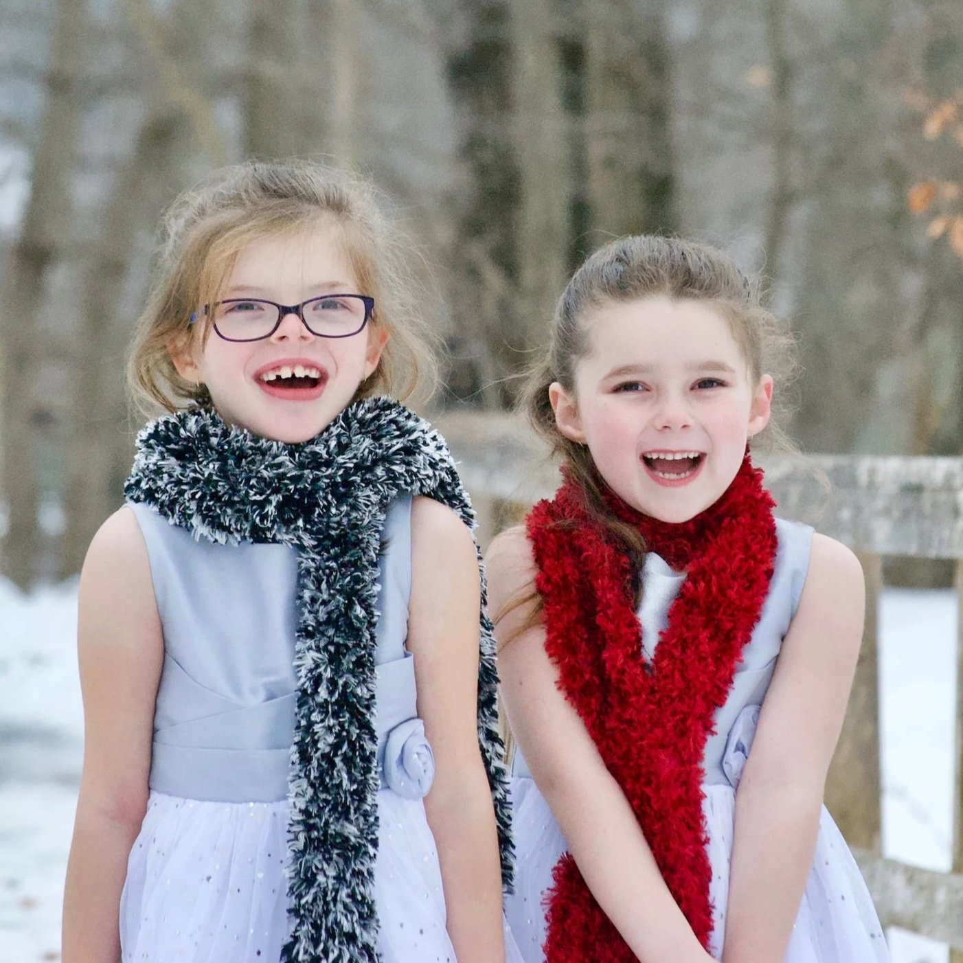 Two young girls in winter dresses, scarves, and sleeveless top, smiling outdoors in a snowy park.