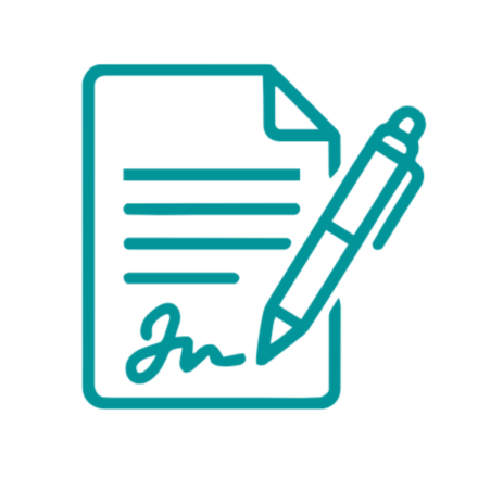 Icon of a document with a pen signing it.