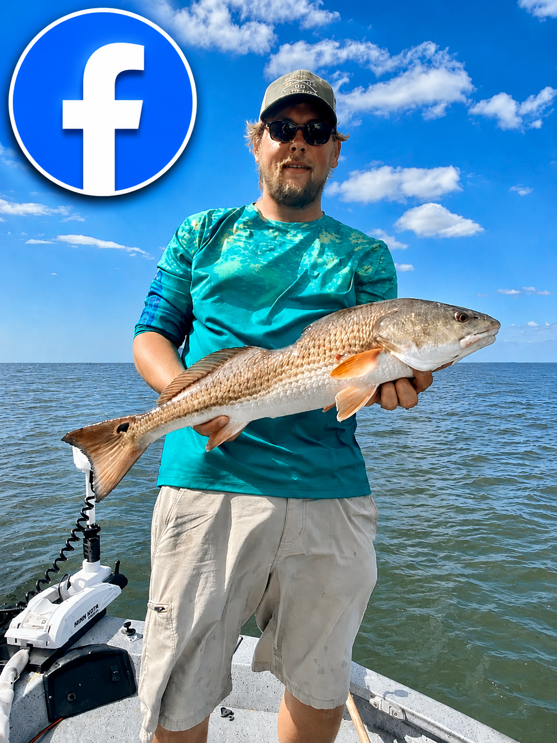 A man holding a fish on a boat with the ocean in the background, and a large Facebook logo added in the upper left corner.