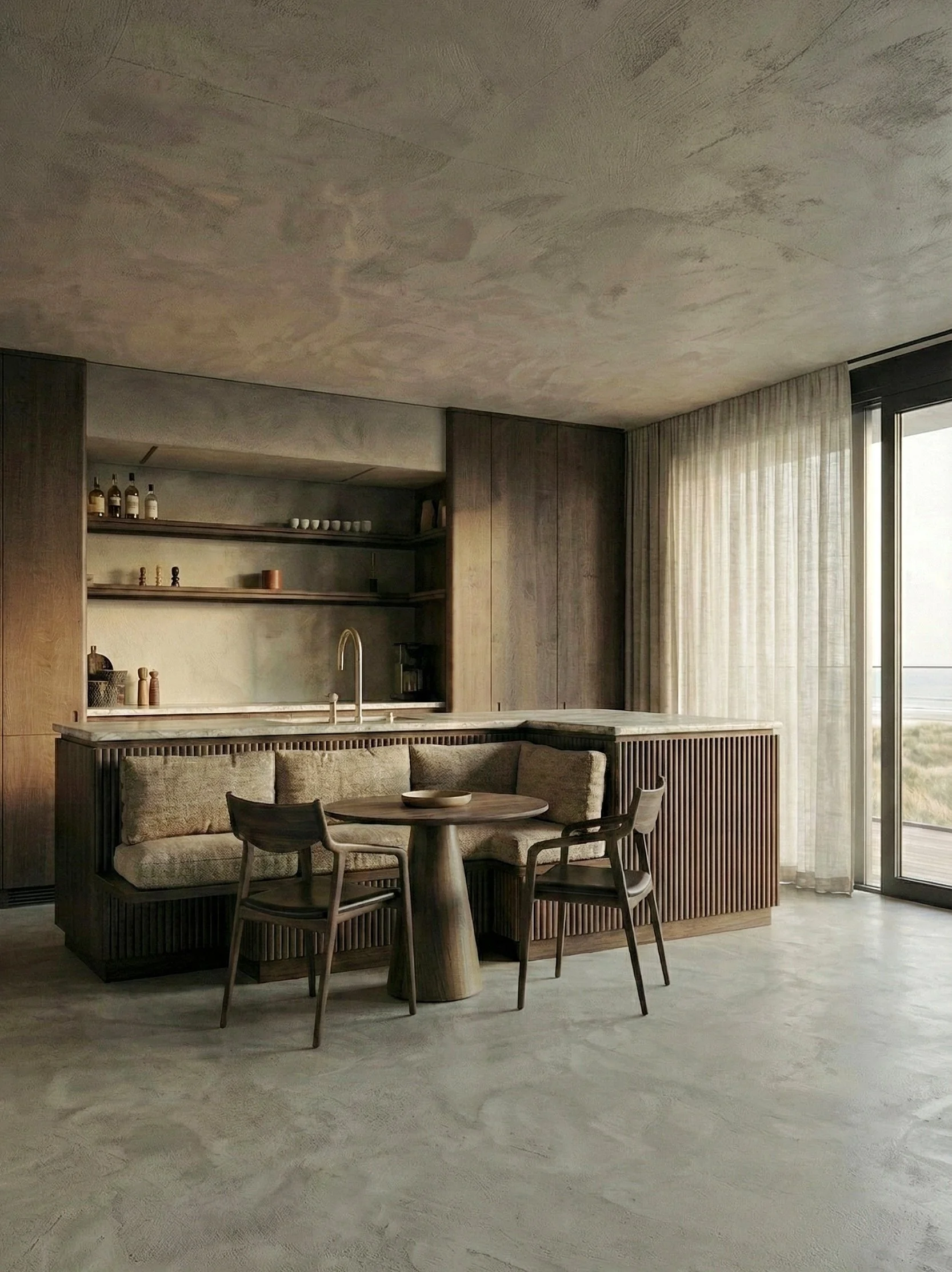 Interieur van een modern woonkamer met een eetgedeelte, houten meubels, een grote raam met lichte gordijnen en een gestuct plafond.
