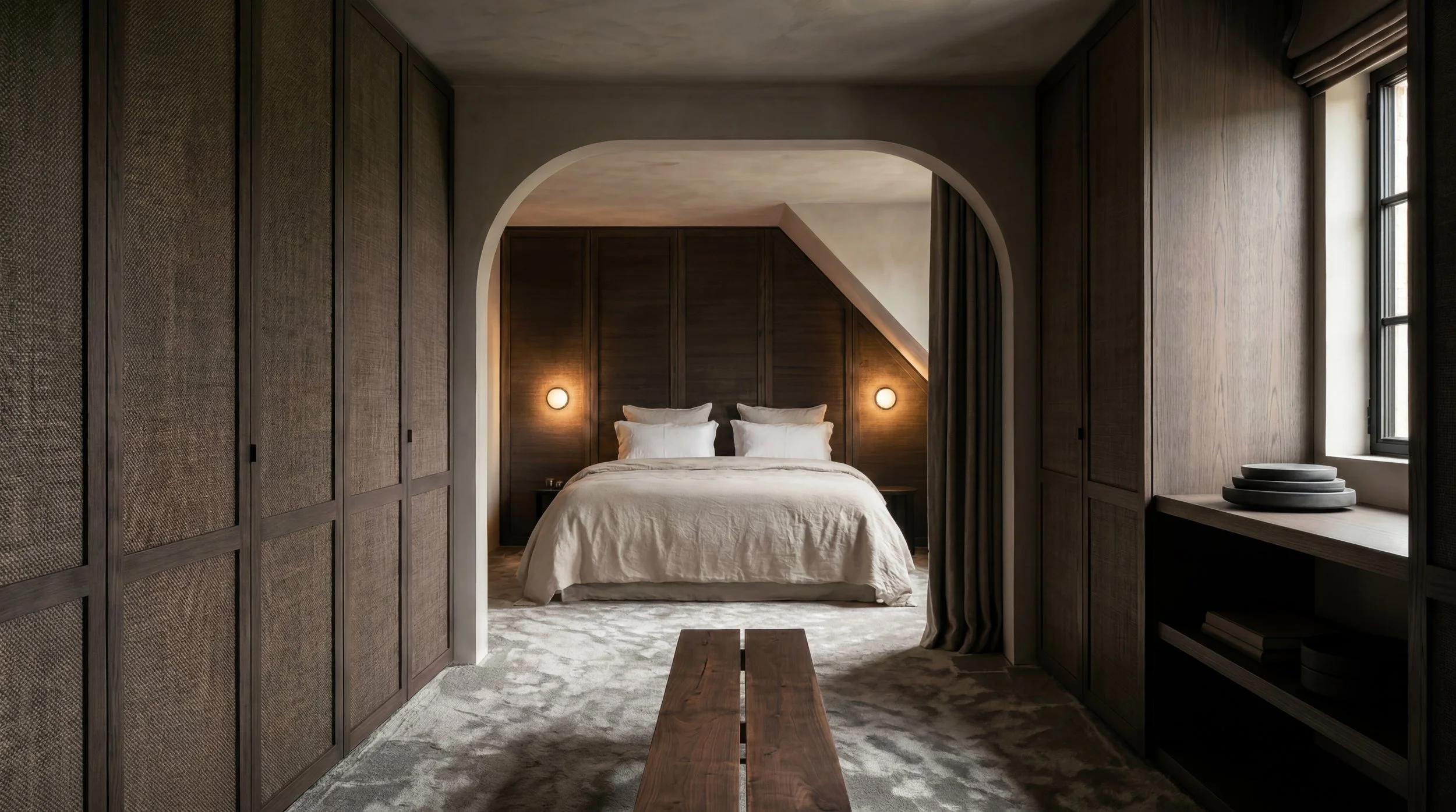Een slaapkamer met een bed, witte lakens en kussens, omgeven door donkerhouten wandpanelen en een grote raampartij.