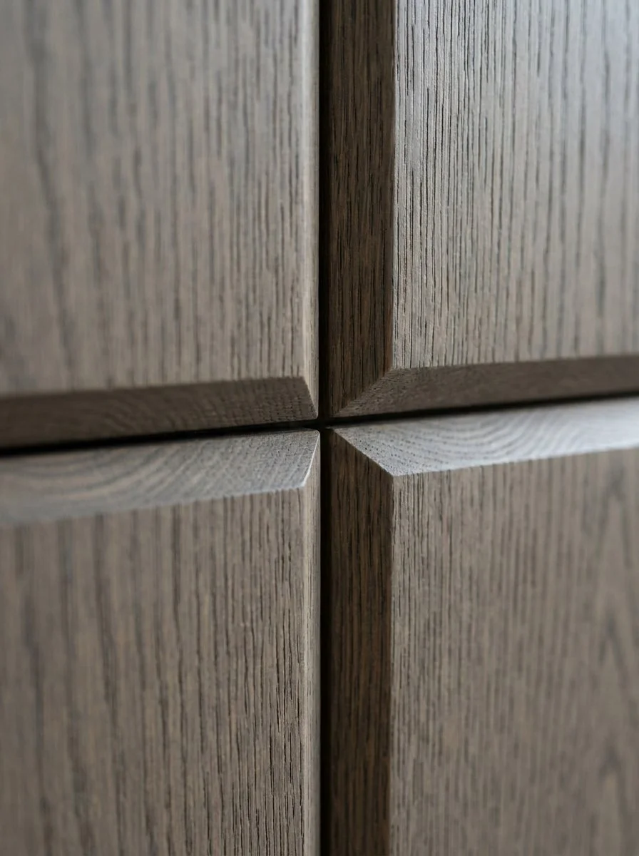 Close-up van een houten meubel met vier vierkante panelen en een hoek detail.