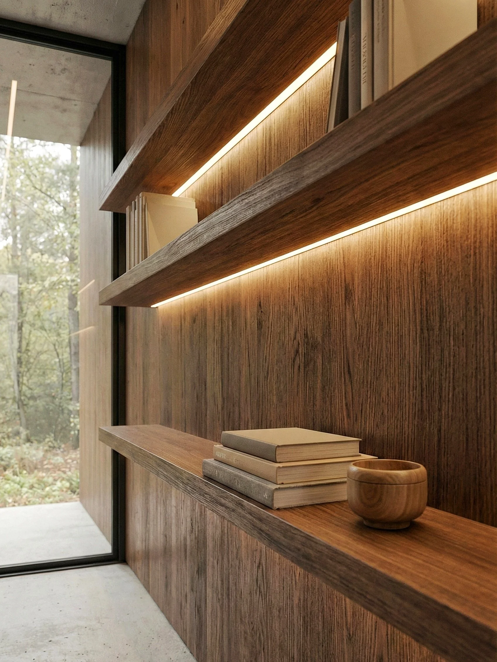 Houten wand met twee planken en verlichting, met boeken en een houten kom erop, naast een grote raam met uitzicht op buiten.