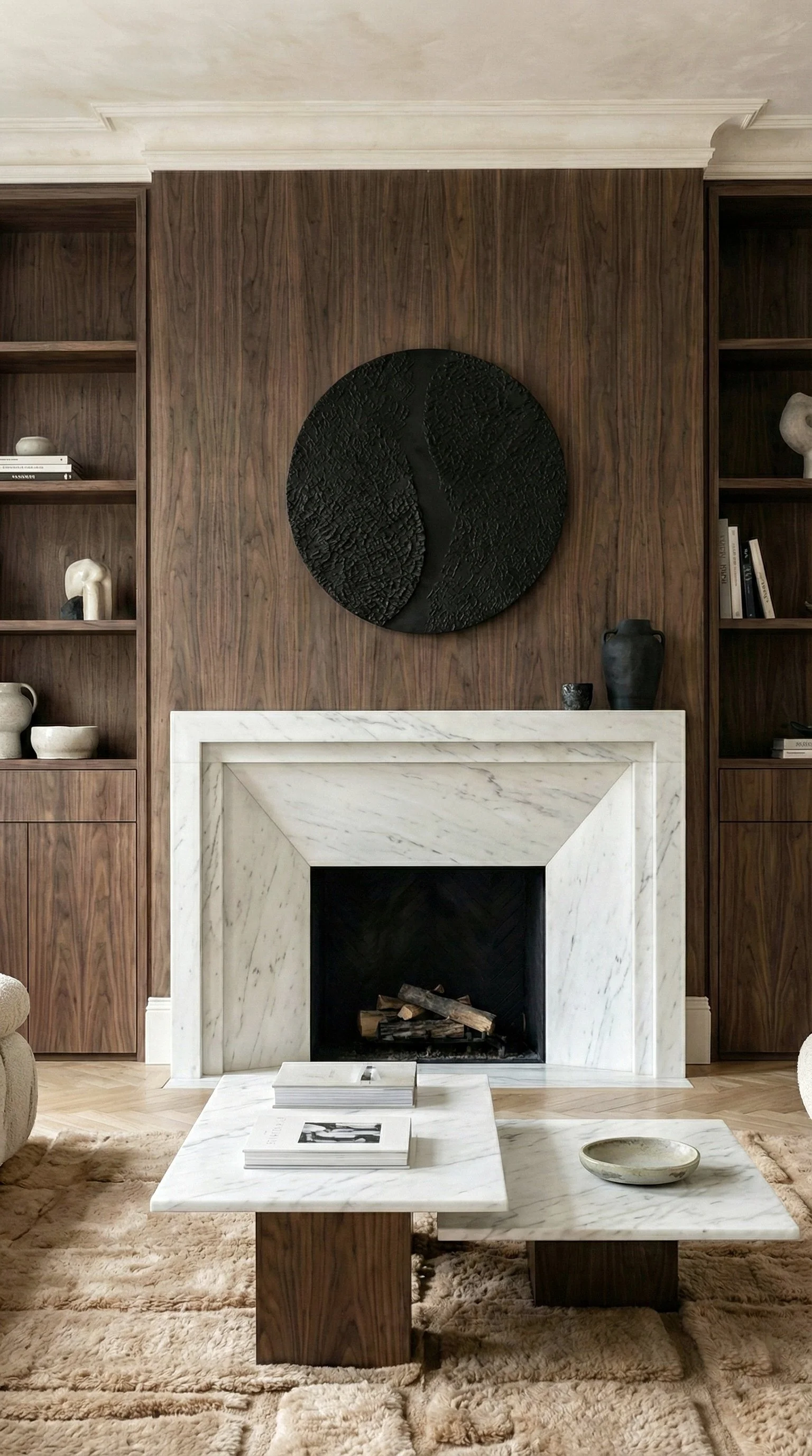 Een woonkamer met een ingebouwde witte marmeren open haard, omgeven door een houten muur en plankenkast op beide zijden.