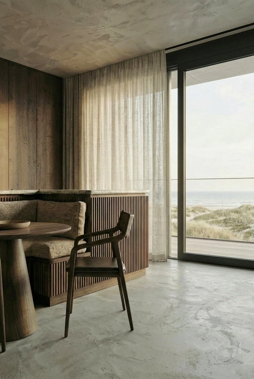 Interieur van een modern woonkamer met grote glazen schuifdeur die uitzicht biedt op een strandlandschap met duinen, houten panelen en een beige bank.