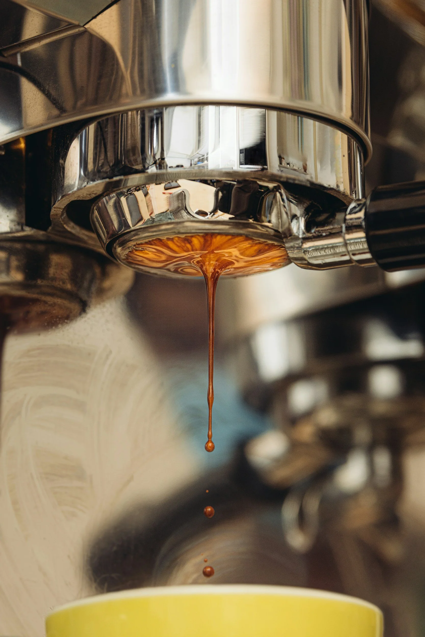 espresso begins to pour from a bottomless portafilter, a reflection is shown on the stainless stel of the espresso machine
