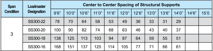 Table showing structural support load values at various spans, with loadmaster designations SS300-22, SS300-20, SS300-18, and SS300-16, and corresponding load values for spans from 9'6" to 15'0".