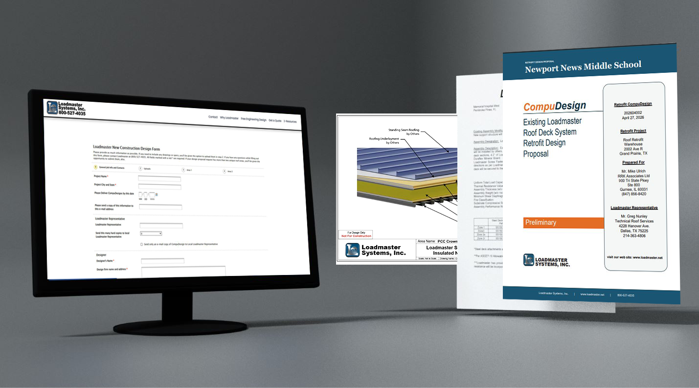 Digital displays with technical documents and diagrams related to Loadmaster Systems, Inc., about roof deck systems and construction forms.