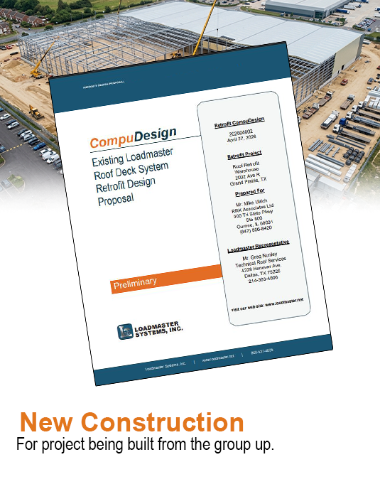 Cover page of a retrofit project proposal for an existing loadmaster roof deck system, with an aerial view of a construction site with buildings and vehicles in the background.
