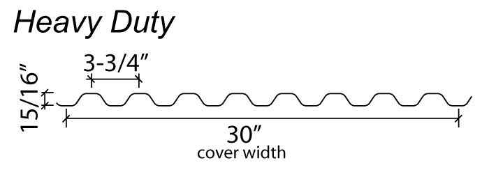 Diagram of a Loadmaster Heavy Duty steel section cover with dimensions, showing a pattern with 3-3/4-inch pitch, 15/16" inch depth and cover width of 30 inches.