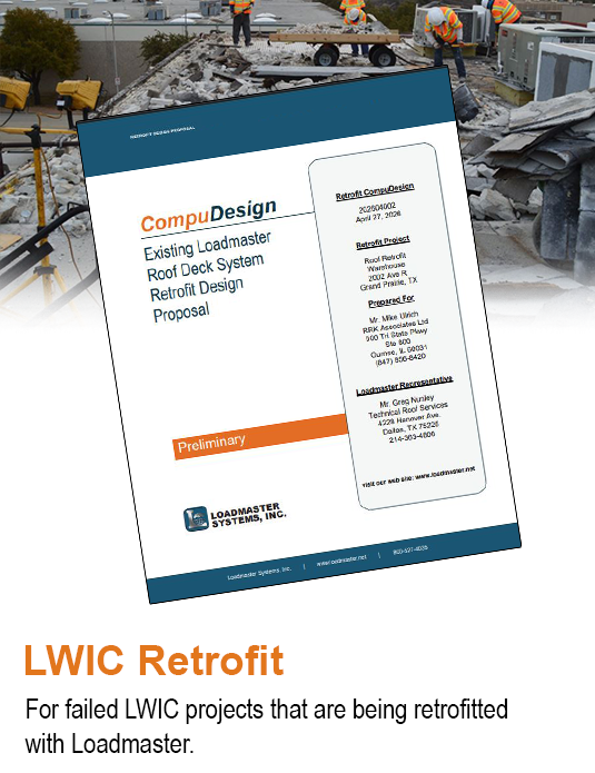 Retrofitted roof deck system proposal document on construction site with workers and roofing materials.