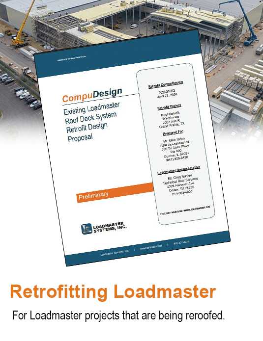 A document titled 'Retrofit Loadmaster' overlaying a construction site with steel framework and cranes, related to a roofing system retrofit design project.
