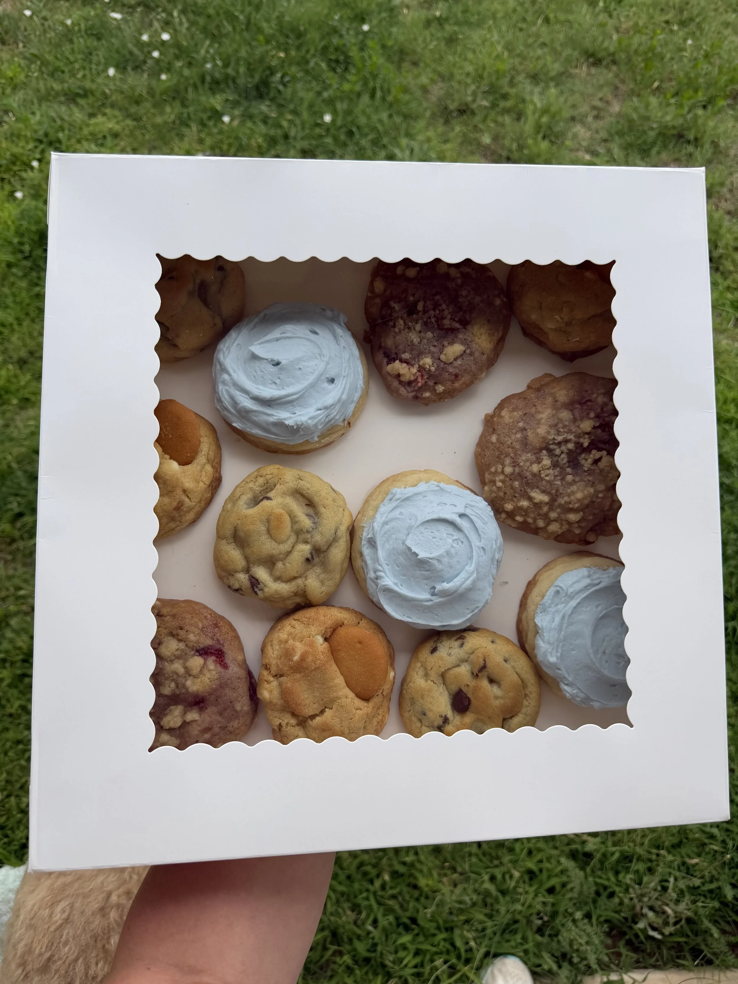 A white pizza box with a scalloped window showing assorted cookies and baked goods inside, held in a person's hand over green grass.