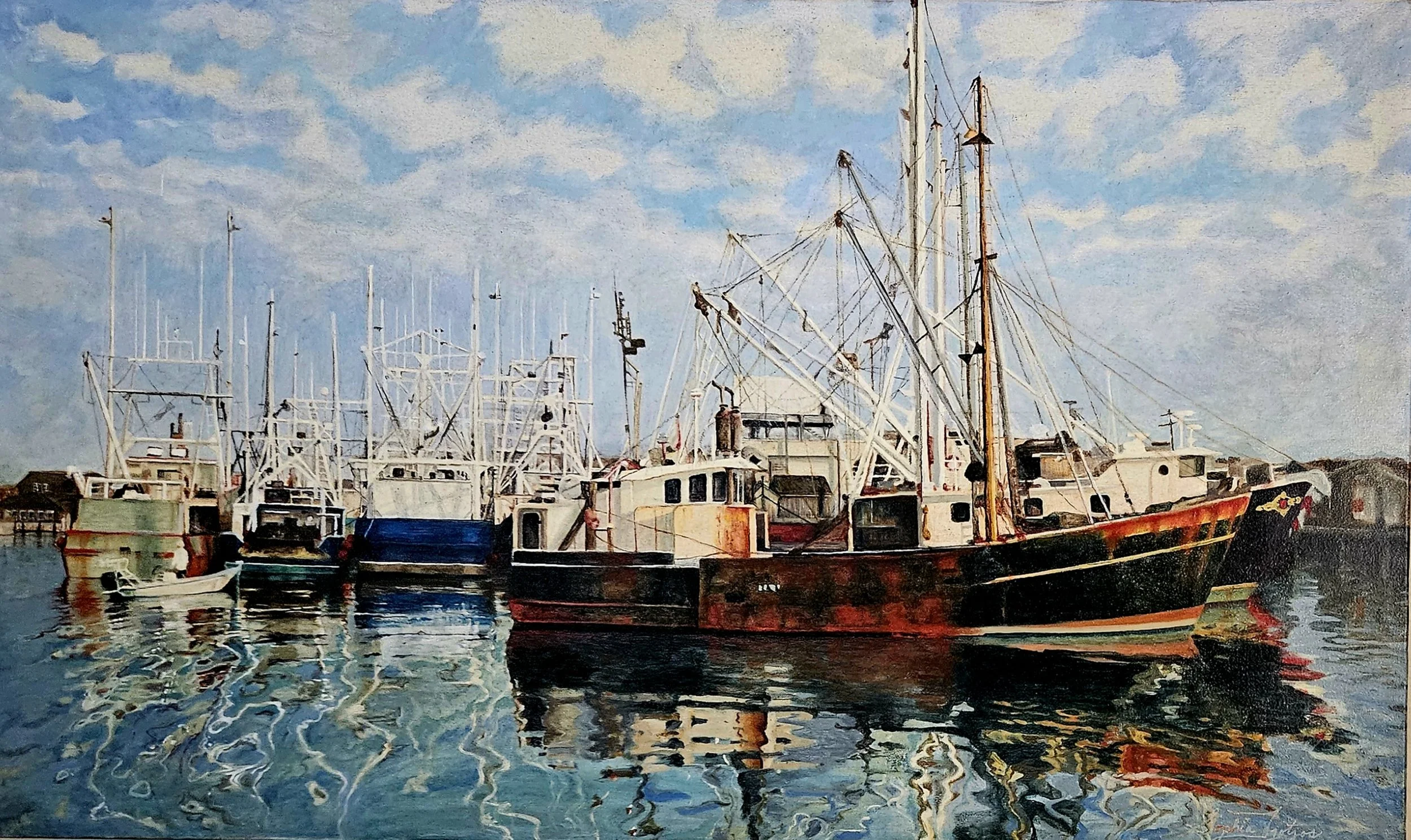 Painting of yachts docked at a marina with reflections on the water and a partly cloudy sky.