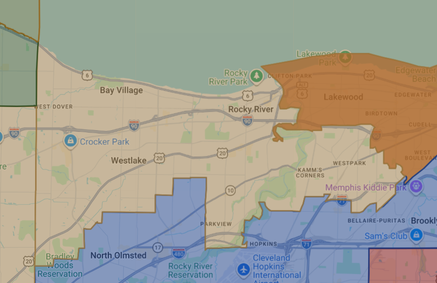 Map of Ohio District 15 area with neighborhoods and parks labeled, including Rocky River, Westlake, Fairview, Bay Village