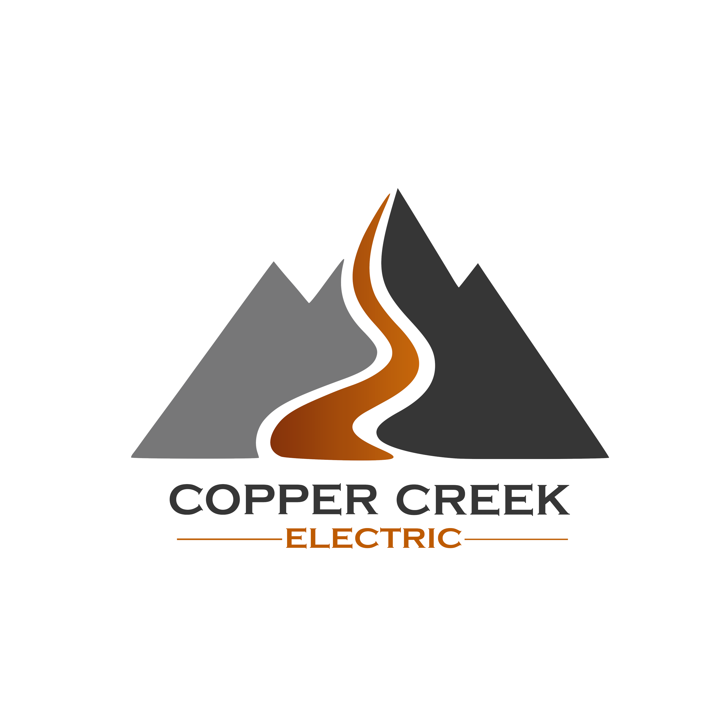 Logo for Copper Creek Electric featuring stylized mountain peaks, a winding road, and text.
