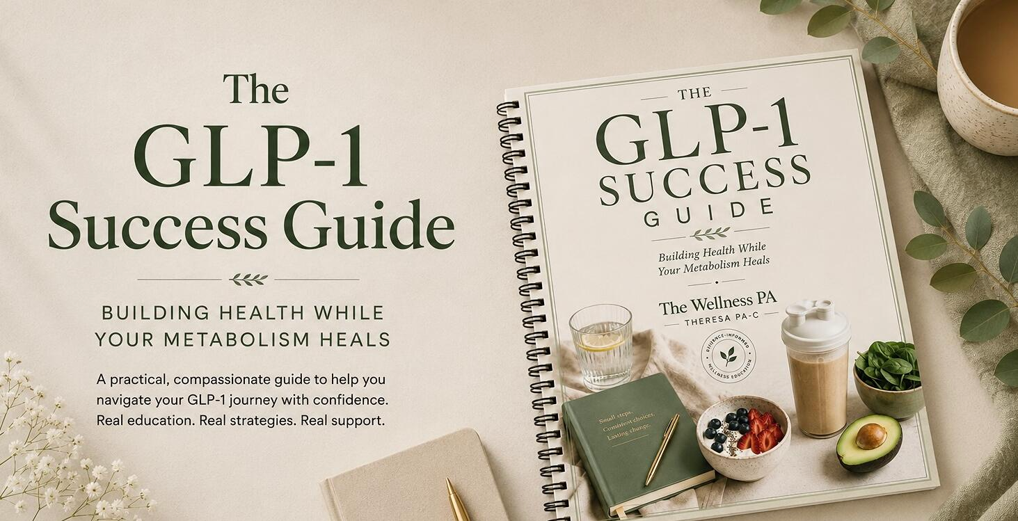 Cover of 'The GLP-1 Success Guide' book with a glass of water, a bowl of blueberries and strawberries, an avocado, a small plant, and a cup of coffee on a beige surface.