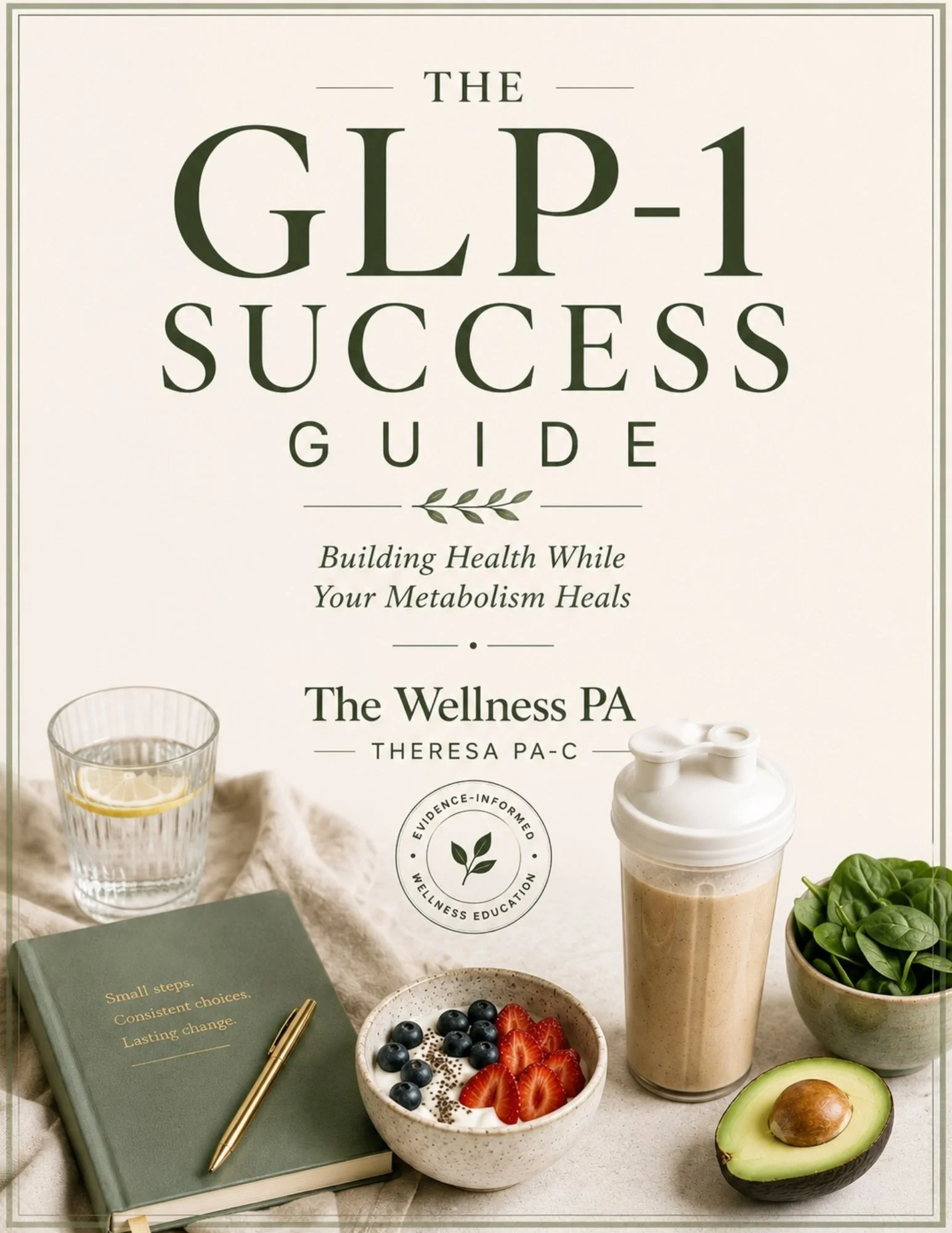 Book titled 'The GLP-1 Success Guide' with the subtitle 'Building Health While Your Metabolism Heals', a glass of water with lemon, a protein shake, a bowl of blueberries and strawberries, an avocado cut in half, and a small pile of spinach