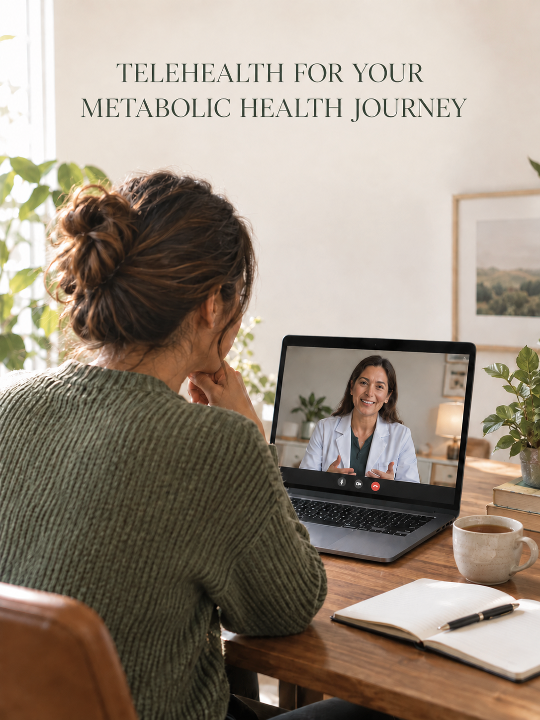 A woman having a telehealth video call with a healthcare professional on a laptop, sitting at a wooden desk with a notebook, pen, and cup of tea.