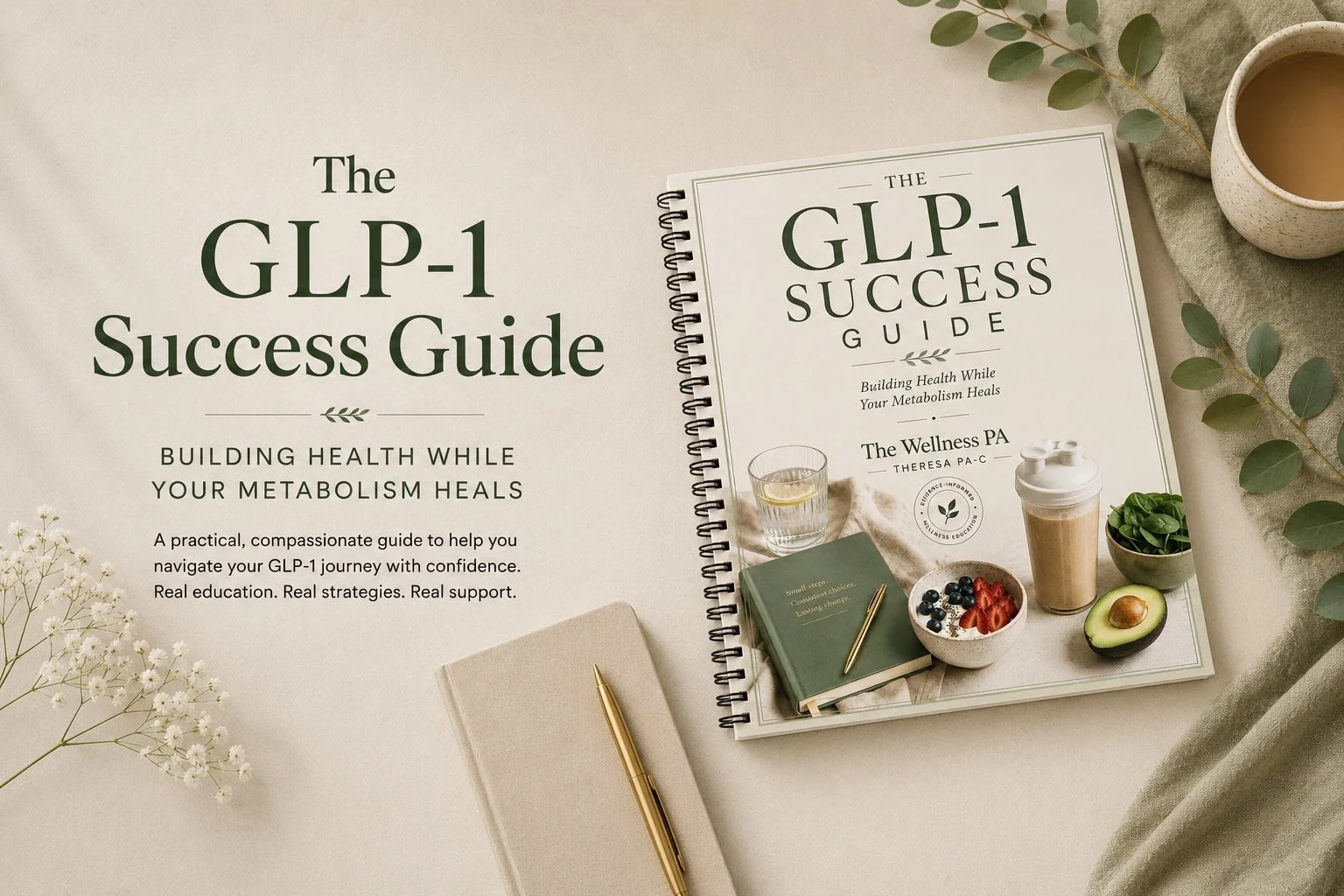 The image shows a booklet titled 'The GLP-1 Success Guide' and a spiral notebook with a gold pen beside it. There is also a cup of coffee, a small bowl of strawberries and blueberries, half an avocado, a glass of water with lemon, a protein shake in a clear container, a small round bowl of green leaves, and some green foliage arranged on a light surface.