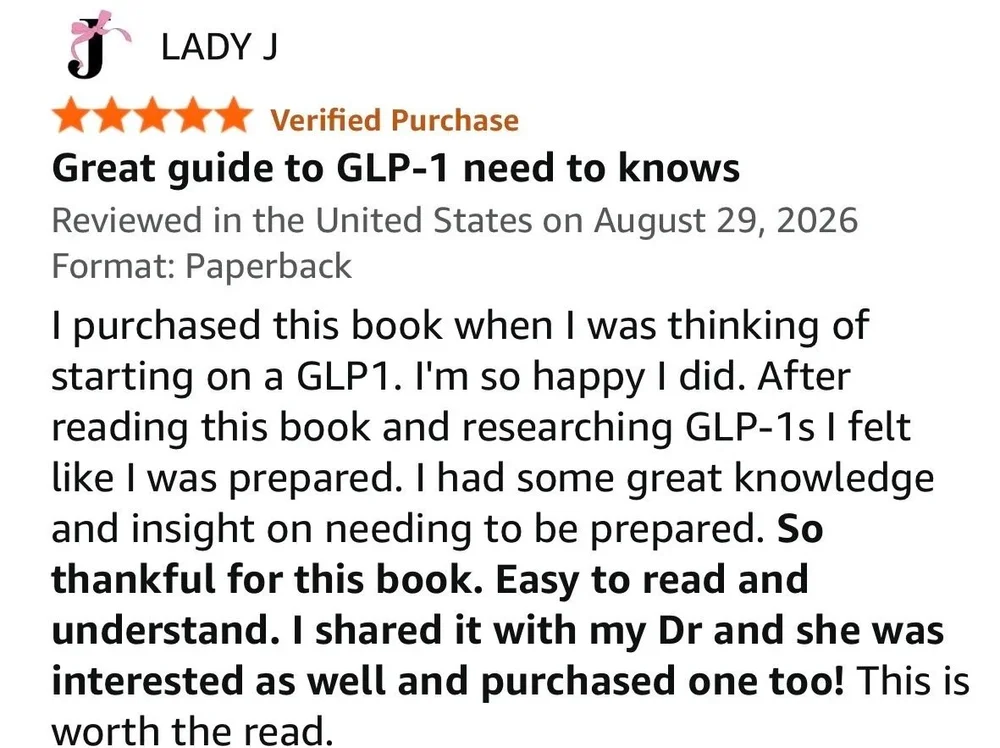 Five-star Amazon review titled Great guide to GLP-1 need to knows