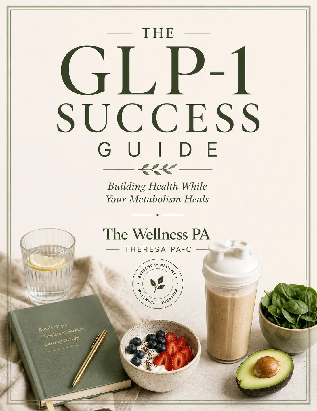 Book cover titled 'The GLP-1 Success Guide' with subtitle 'Building Health While Your Metabolism Heals,' authored by Theresa PA-C. The cover features a glass of water with lemon, a green notebook with gold pen, a bowl of blueberries and strawberries, a vegan protein shake in a white to-go cup, a bowl of spinach, and an avocado.