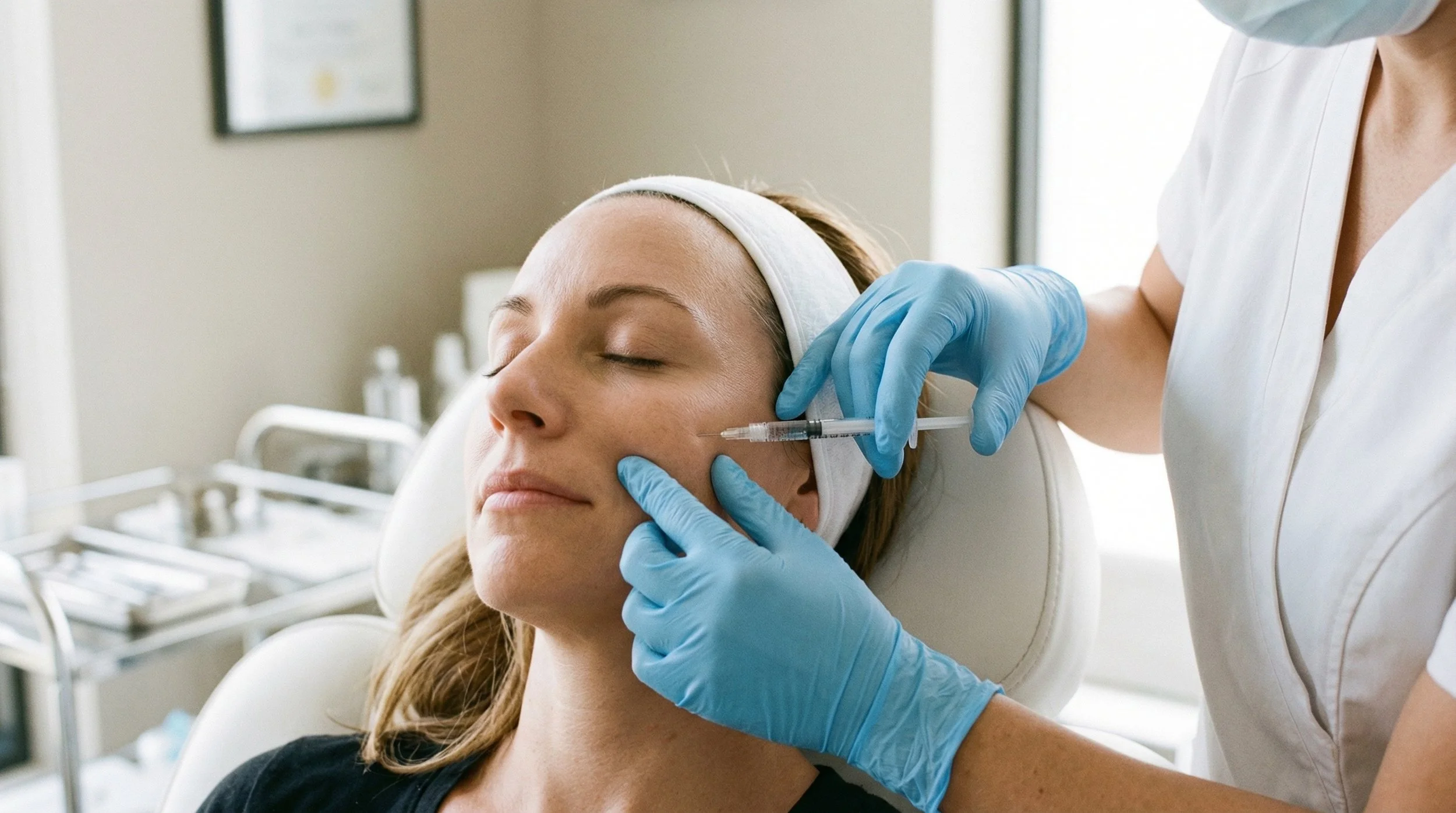 A woman receives an injection in her cheek from a medical professional wearing gloves in a clinic room.
