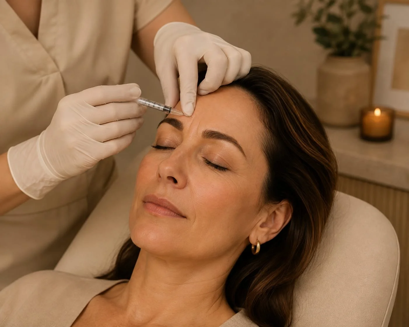 A woman receiving a cosmetic injection in her forehead from a healthcare professional wearing gloves, in a comfortable treatment room.