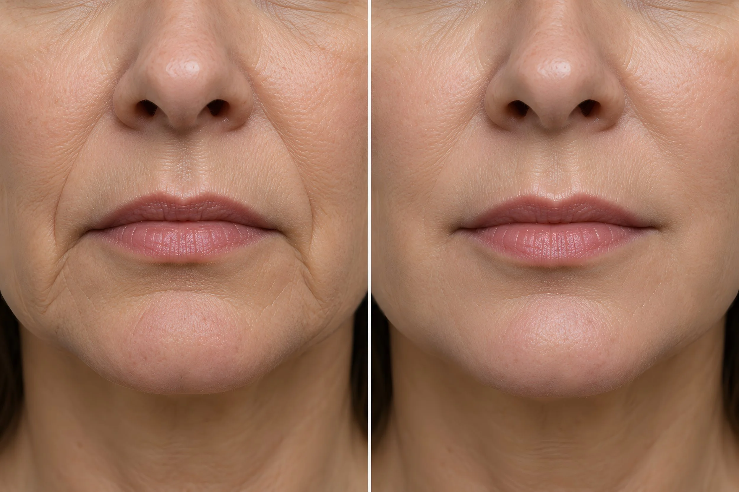 Comparison of a woman's face showing skin before and after skincare treatment, highlighting improved skin smoothness and reduced wrinkles.