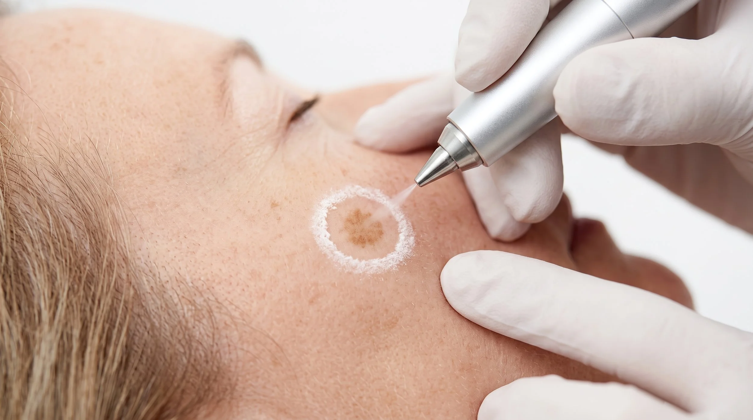 A close-up of a person receiving a cosmetic skin treatment, with a professional applying a device to their face near an area marked with a white circle.