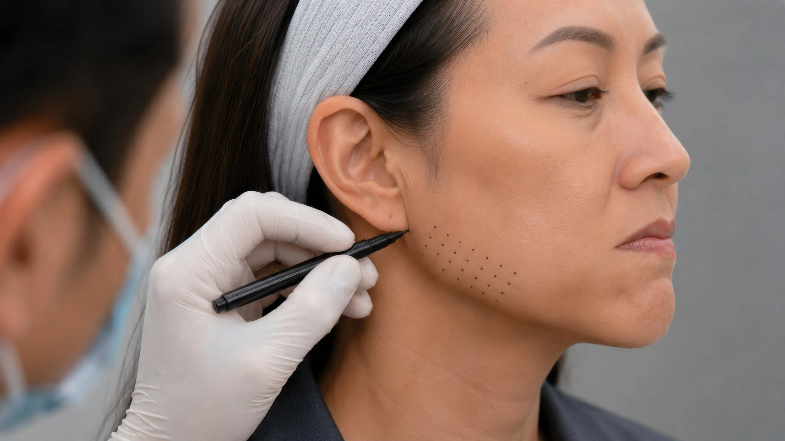 A woman with dark hair and a light gray headband is being marked with tiny dots by a professional for cosmetic or procedural purposes.