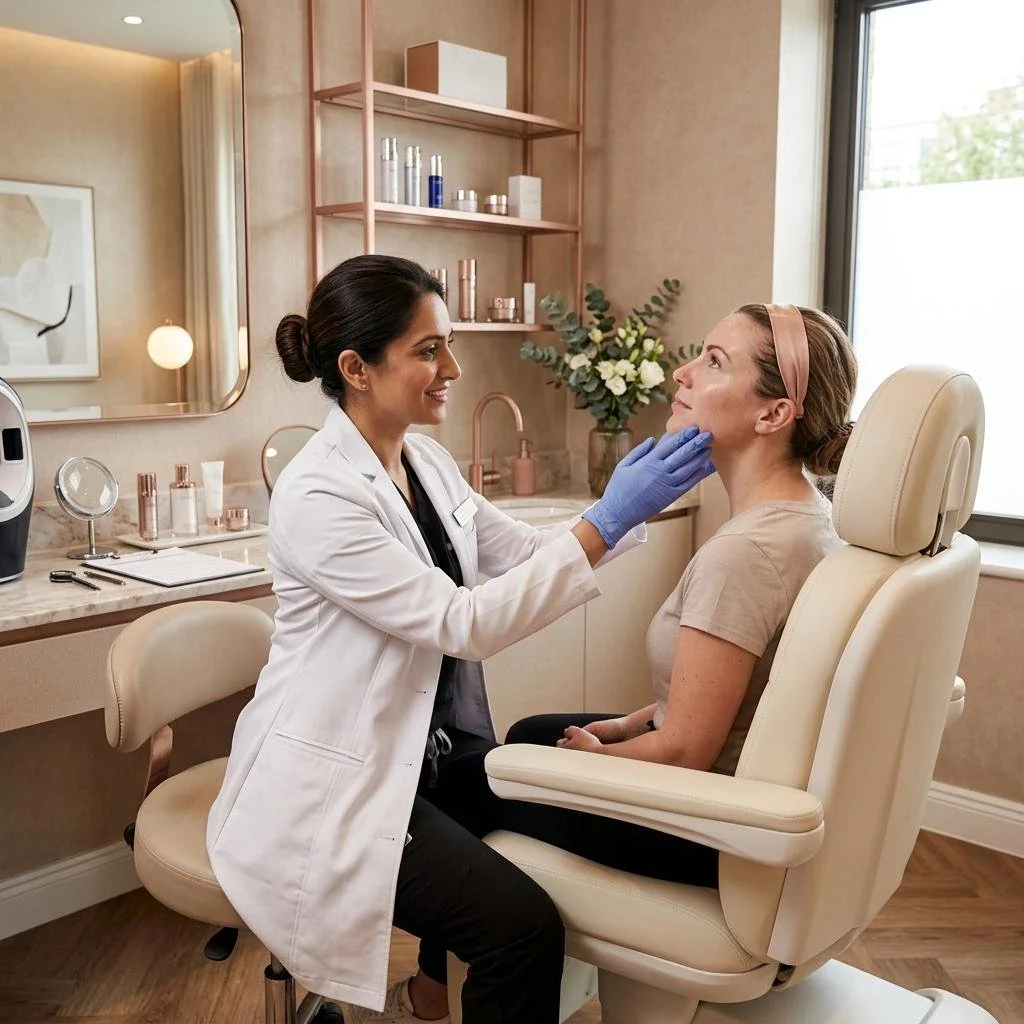 A dermatologist examines a woman's face in a cosmetic clinic, sitting in a cream-colored chair with a headband. The woman is wearing a beige shirt, and the dermatologist is wearing a white coat and blue gloves.