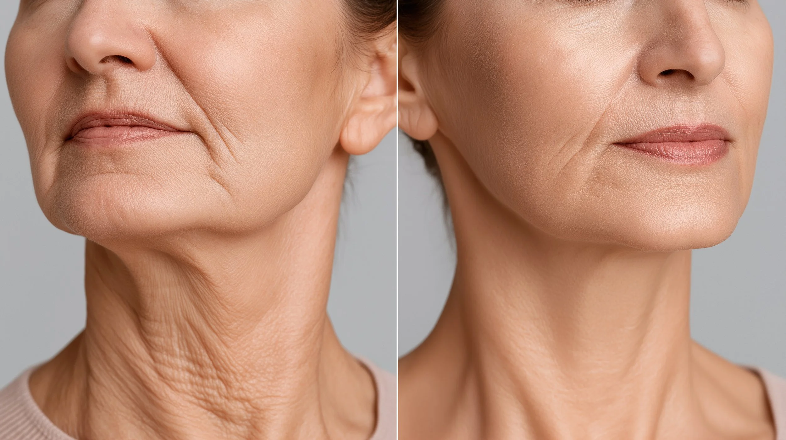 A side-by-side comparison of a woman's face showing before and after skin treatment, with smoother and more youthful skin in the after photo.